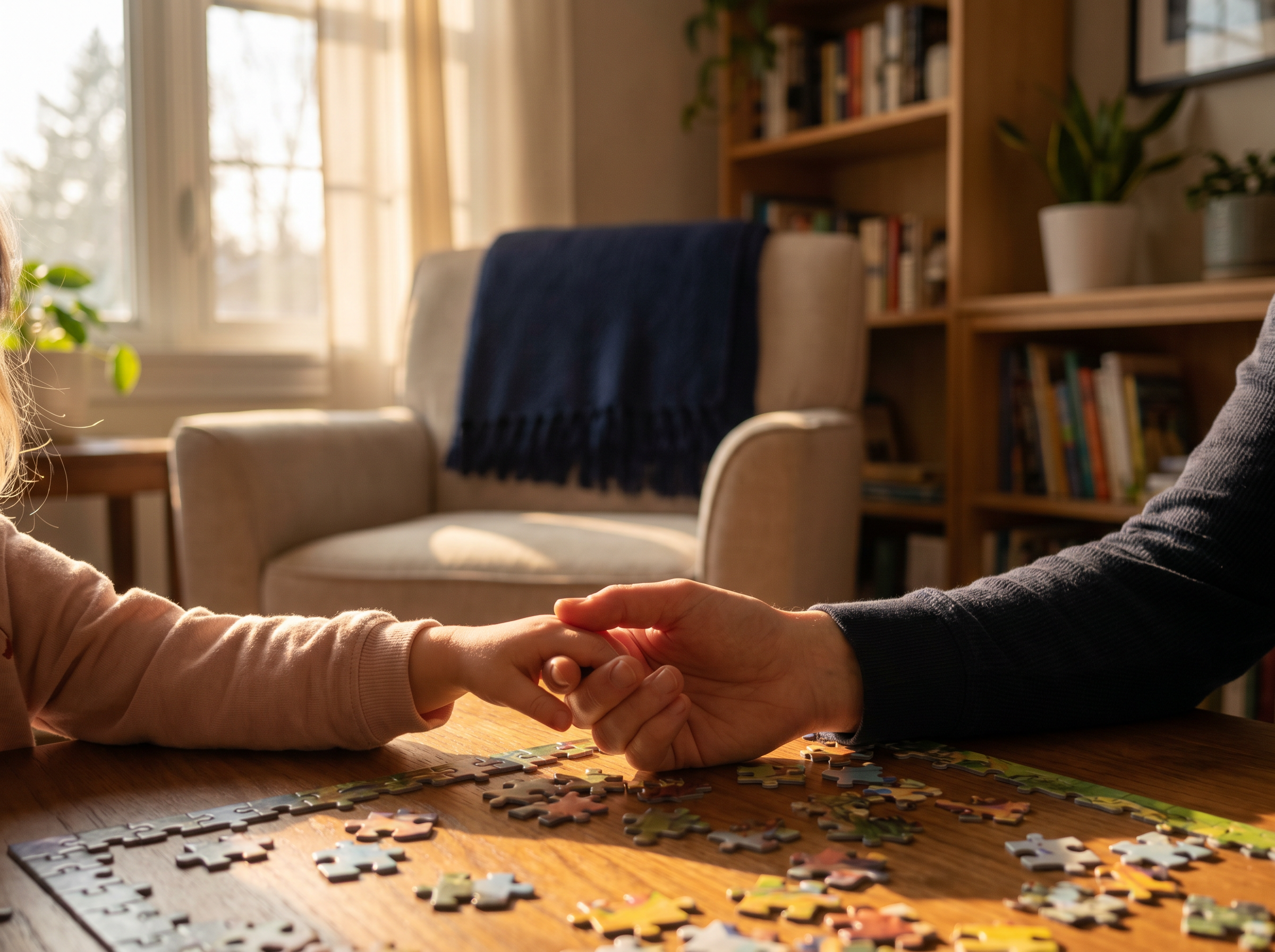 Parent and child with puzzle pieces